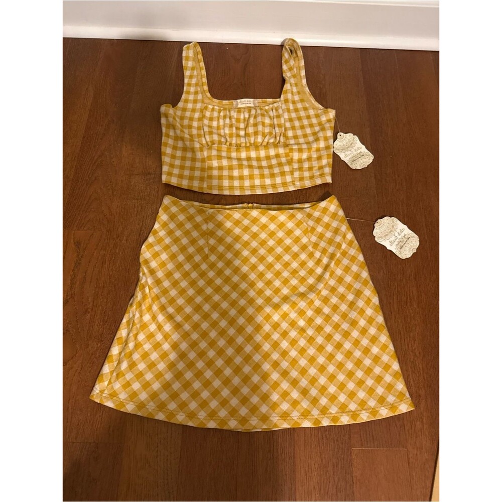 NWT Altar'd State Yellow Gingham Two 2 Piece Crop Top Mini Skirt Set Small